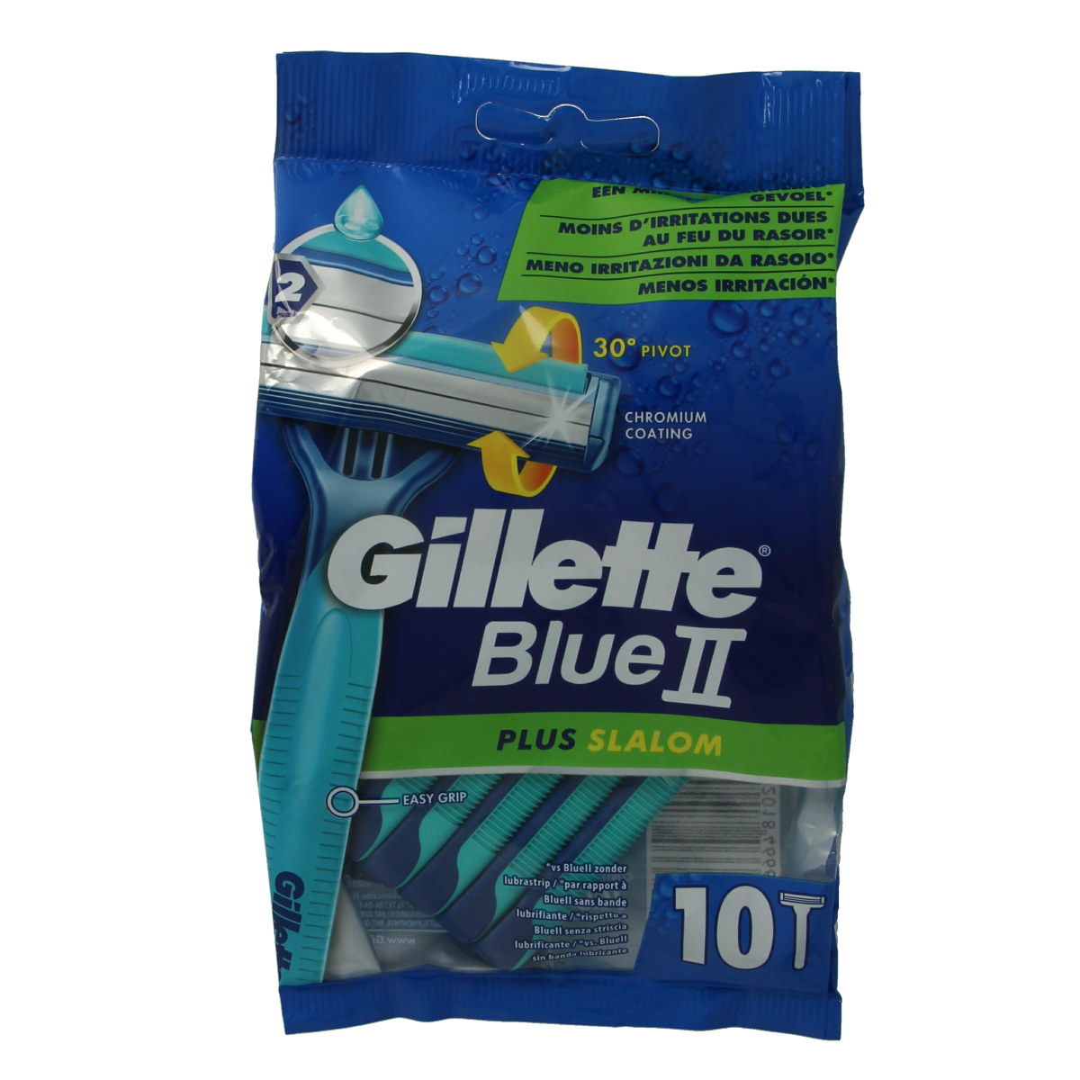 Gillette Blue II disposable razor blades pack with 10 pieces, featuring double-blade design for smooth shaving.
