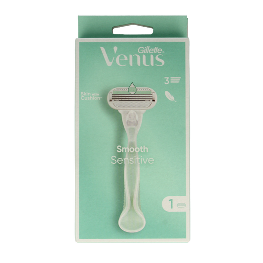 Gillette Venus Smooth shaver with single blade, designed for women’s hair removal, shown in close-up.