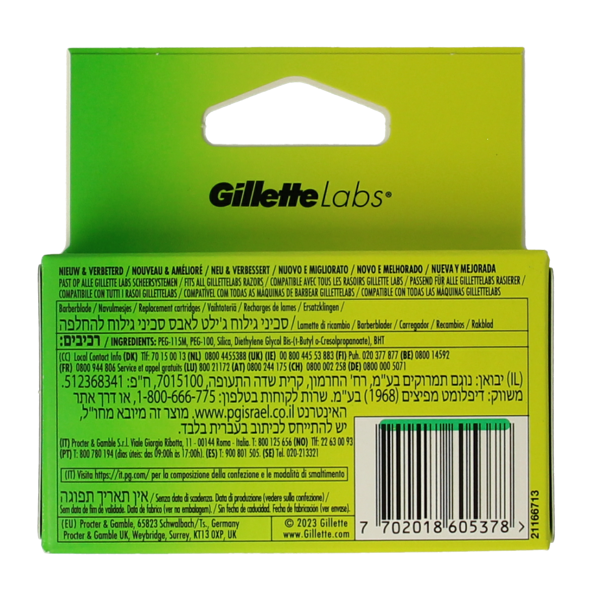 Gillette Labs shaving blades, 4-pack, high-quality Gillette razor blades for smooth, close shaves, shown in packaging.