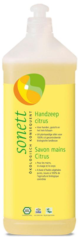 Sonett citrus liquid hand soap in a 1-liter pump bottle, showcasing the natural hand care product with citrus scent.