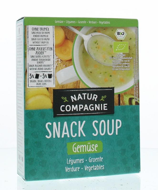 Natur Compagnie bio groente snack soep in 54g packet, showcasing fresh vegetable ingredients and packaging.