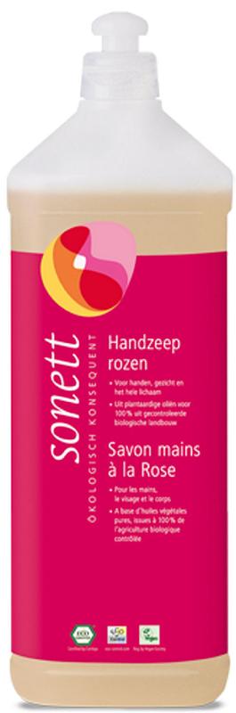 Sonett handzeep rozen vloeibaar in 1-liter fles, zachte handverzorging met rozengeur, perfect voor zachte huidverbetering.