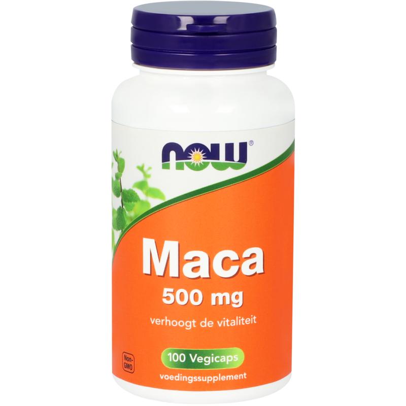 NOW Maca 500mg vegetarian capsules, herbal supplement in a clear bottle with 100 capsules, shown in a close-up image.