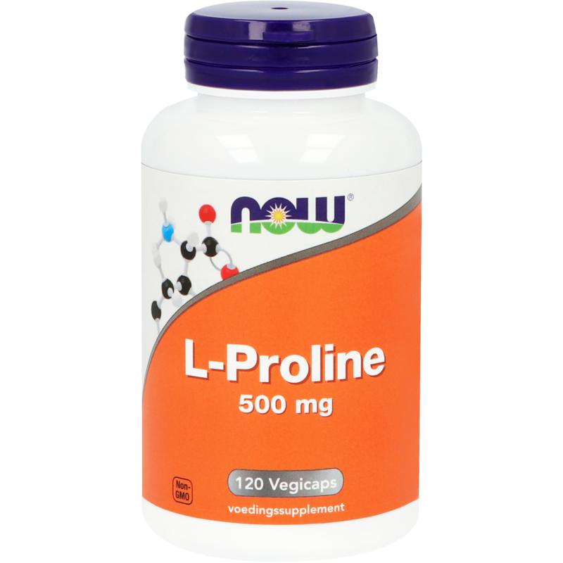 Vegetarian NOW L-Proline 500mg amino acid capsules, 120-count, shown in clear bottle with capsules inside