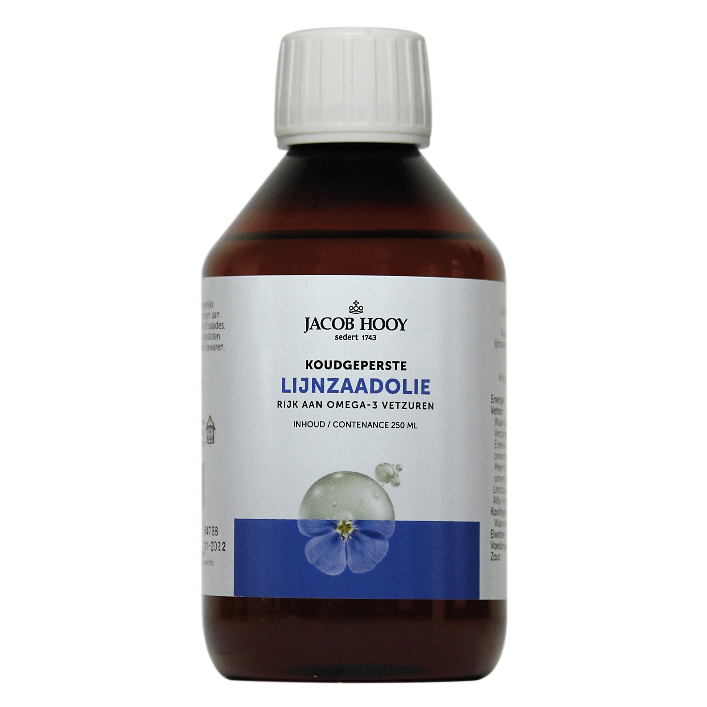 Jacob Hooy lijnzaad olie 250ml bottle showing golden flaxseed oil in clear glass container with label and cap