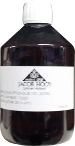 Jacob Hooy eucalyptus essential oil bottle, 500ml, clear glass container with a white cap, labeled as natural etherische olie.
