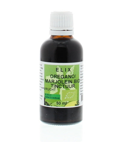 Elix Oregano and marjoram organic herbal tincture in a 50ml bottle, used as a natural herbal remedy and supplement.