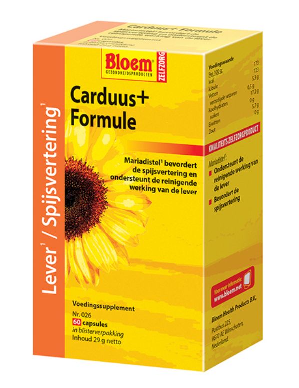 Bloem Carduus+ kruidenpreparaten capsules in een doos, natuurlijke supplementen voor ondersteuning en welzijn.