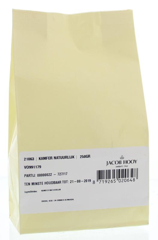 Jar of Jacob Hooy Kamfer, natural 250g, herbal product in a glass jar with a white lid, showcasing the herbal ingredients inside.