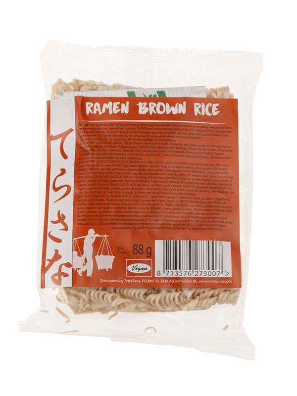 TS Import ramen rice noodles, 88g package, showing dried ramen rice pasta in a clear plastic bag on a white background.
