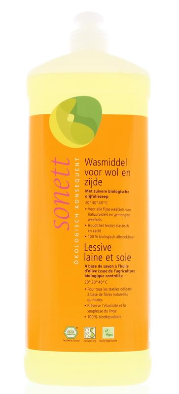 Sonett Wasmiddel wol & zijde in 1-liter bottle, gentle laundry detergent for wool and silk fabrics.