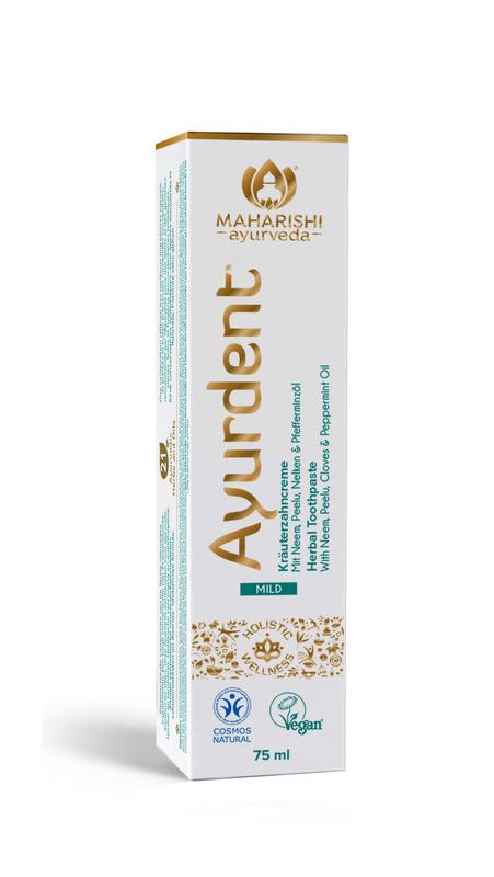 Maharishi Ayurv Ayurdent mild toothpaste in 75ml tube, natural herbal dental care with traditional Ayurvedic ingredients.