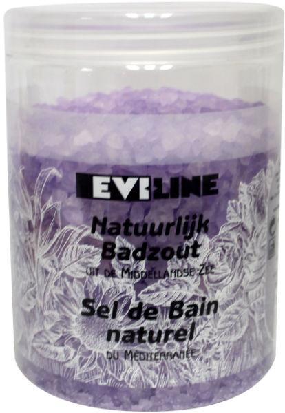Evi Line lavender bath and shower salt in a 1kg container, featuring lavender scent and suitable for bath and shower use.