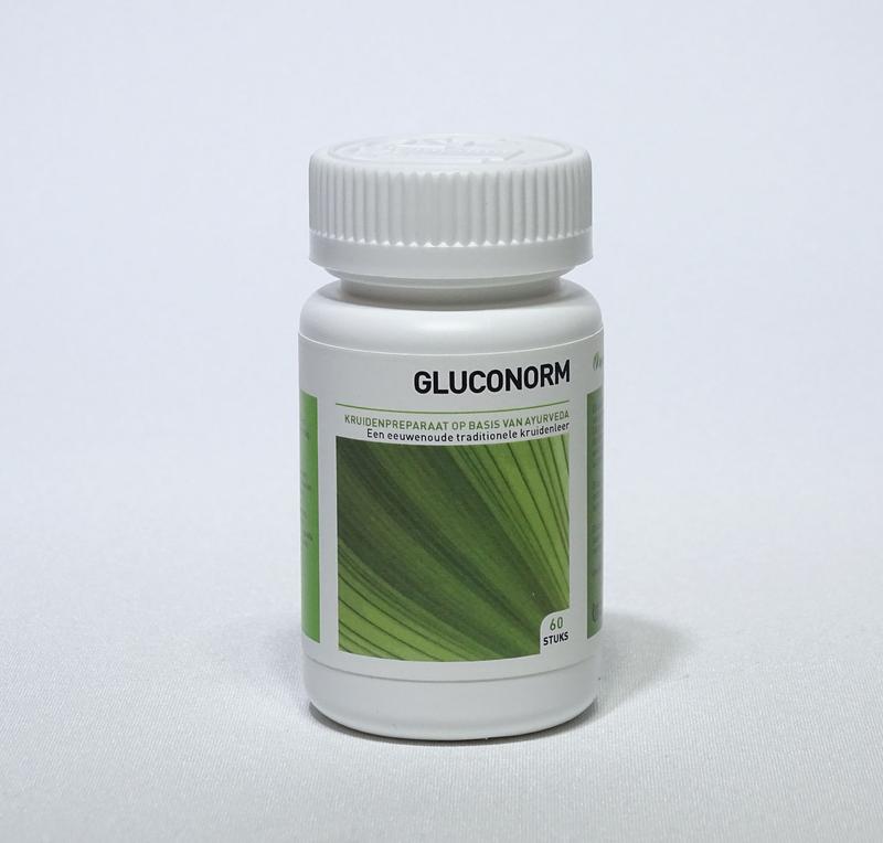 Ayurveda Health Gluconorm 400mg herbal tablets in a clear bottle, showing the label and 60 tablets inside.
