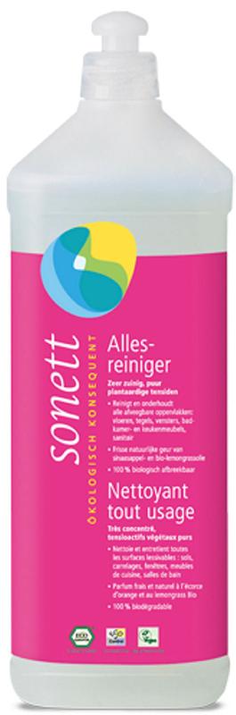 Sonett Allesreiniger 1-liter bottle of eco-friendly cleaning product in a clear plastic container for household cleaning.