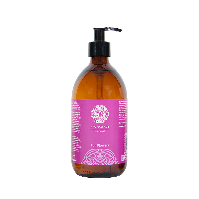 Chi Aromassage Fun Flowers 500ml body care bottle with colorful floral design, ideal for relaxing massage and skin nourishment.