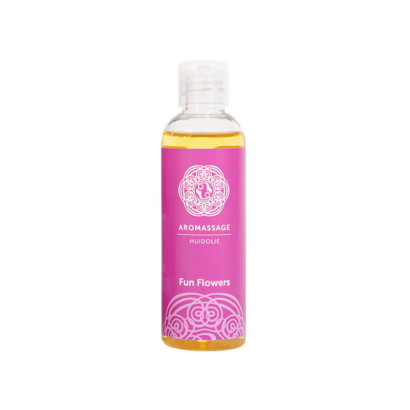 Chi Aromassage Fun Flowers body care oil bottle, 100ml, with colorful floral design, natural skincare product from Chi.