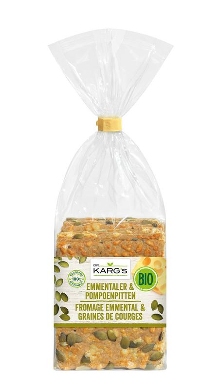 Dr. Karg's organic cheese with pumpkin seeds on a cracker, 200g, showcasing a savory snack with natural ingredients.