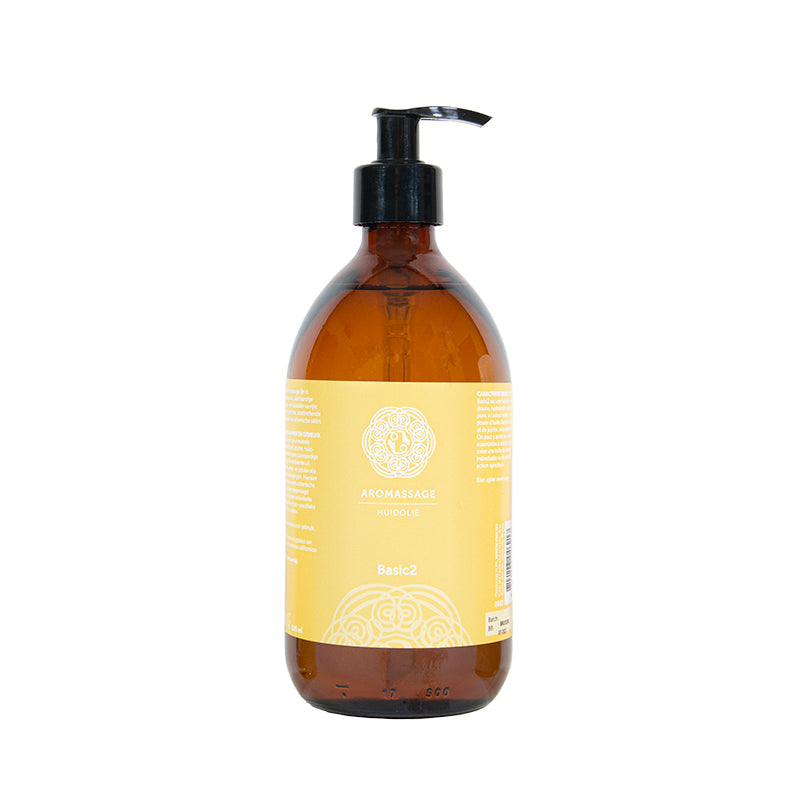 Chi Aromassage 1 Basic body care bottle, 500ml, featuring a clear plastic container with a pump dispenser for massage and skincare.