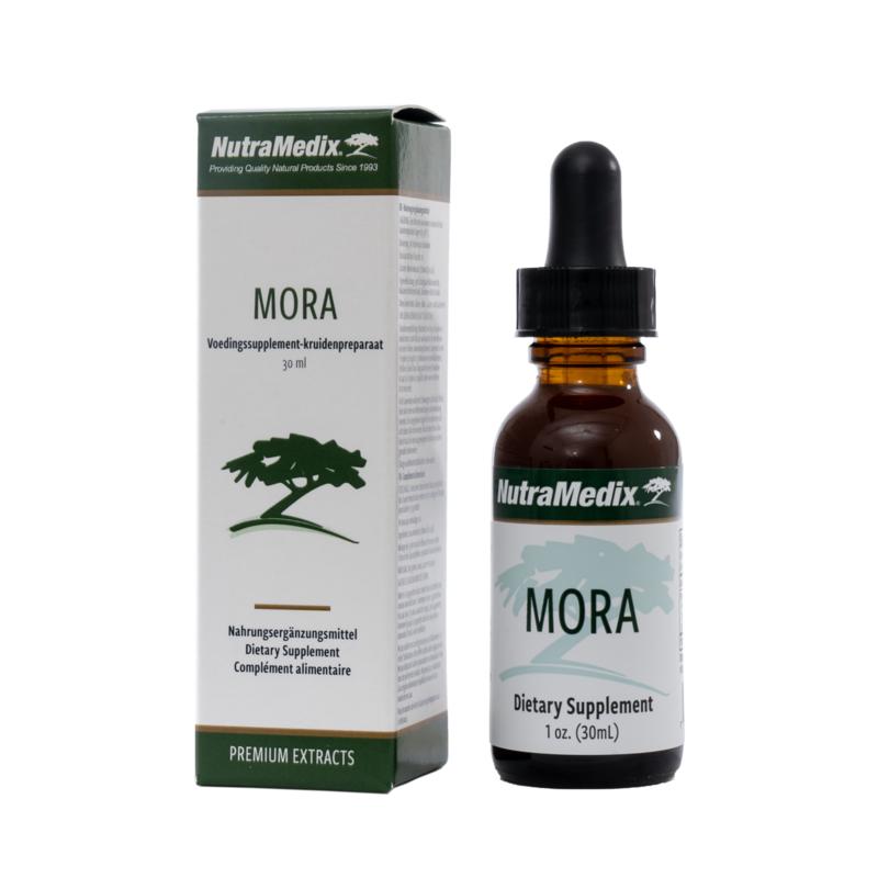 Bottle of Nutramedix Mora herbal preparation in 30ml dropper bottle, showing the herbal product and brand label.
