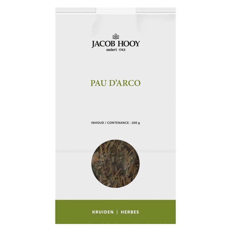 Jacob Hooy Pau d'arco herbal supplement in a 100g package, part of kruiden, zouten en maaltijdmixen collection.