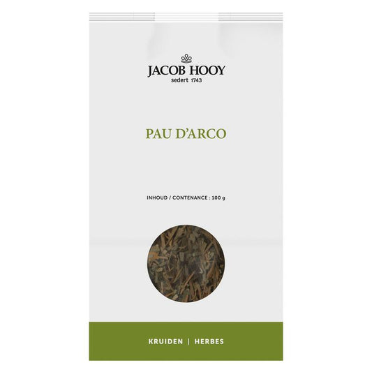 Jacob Hooy Pau d'arco herbal supplement in a 100g package, part of kruiden, zouten en maaltijdmixen collection.