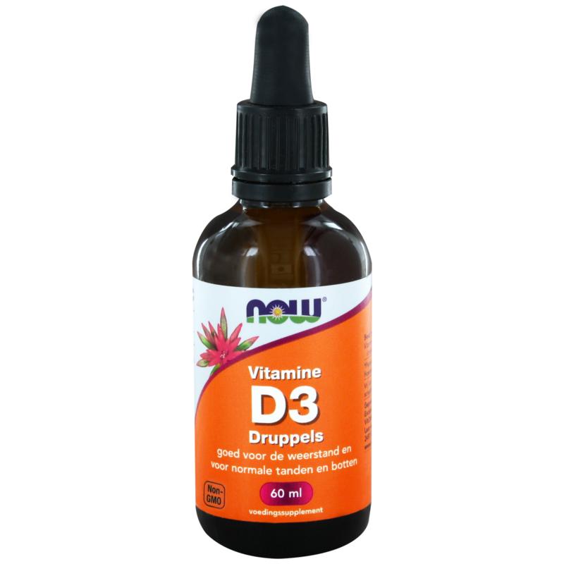 NOW Vitamine D3 druppels 400IU in 60ml bottle, natural supplement with dropper for easy dosage, vitamin D supplement.