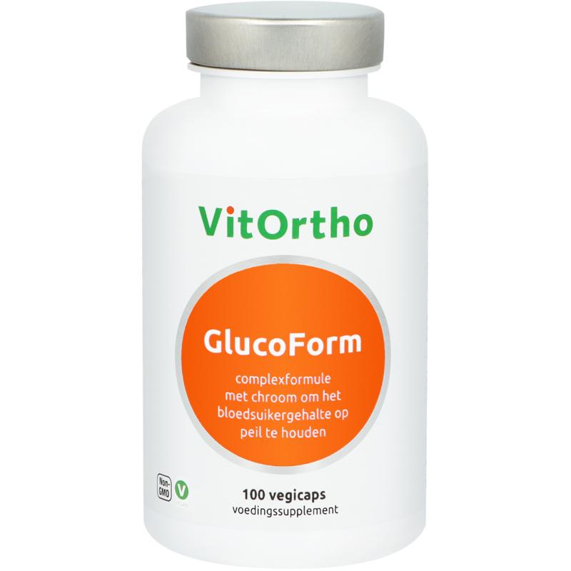VitOrtho GlucoForm 100 vegetarian mineral capsules in a white bottle with a colorful label, displayed on a plain background.