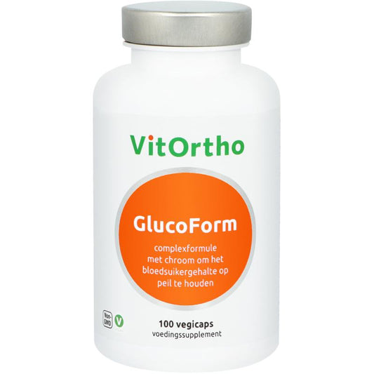 VitOrtho GlucoForm 100 vegetarian mineral capsules in a white bottle with a colorful label, displayed on a plain background.