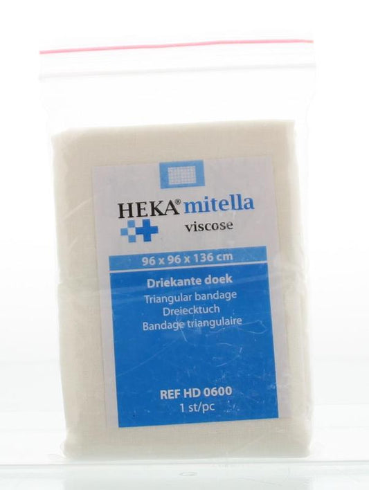 Heka viscose driekante doek, buisverband, sterile wound dressing, single piece for medical use, shown in image.