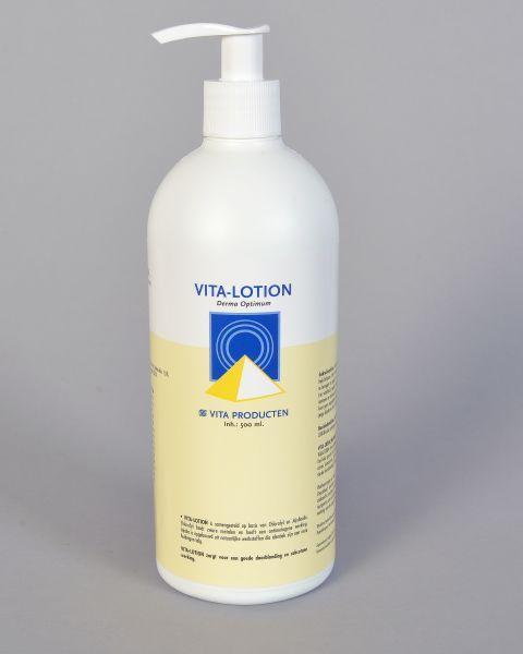 Vita Lotion 500ml body care bottle with pump dispenser, creamy texture visible in a clean, white bottle for nourishing skin.