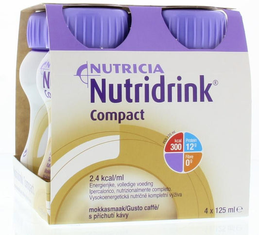 Four Nutridrink Compact Mokka 125ml medical dietary drinks in packaging, showing the Nutridrink brand and product size.