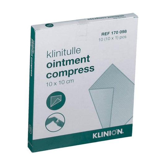 Klinion Klinitulle Zalfkompres, 10x10 cm, pack of 10 sterile gauze compresses for medical use, shown in the image.