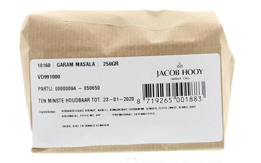 Jar of Jacob Hooy Garam Massala spice blend in a 250g container, featuring a colorful mix of traditional Indian seasonings.