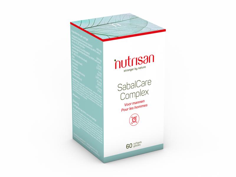 Nutrisan SabalCare complex softgels, herbal supplement in a clear bottle, featuring 60 softgel capsules for natural health support