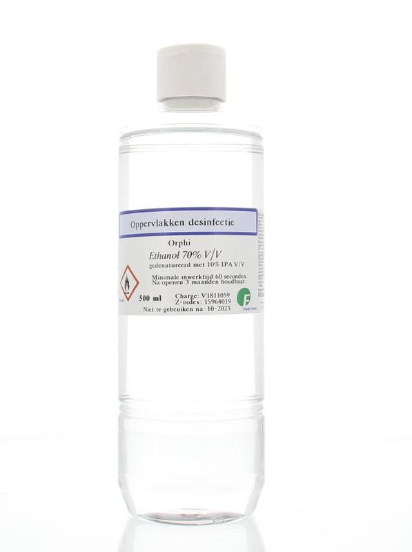 Orphi alcohol ethanol 70% with lid, 500ml bottle of cleaning solution containing 10% isopropanol for disinfecting.