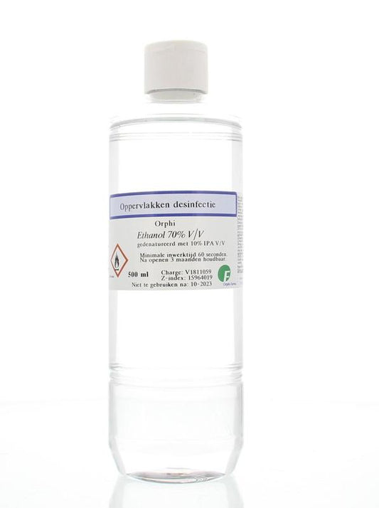 Orphi alcohol ethanol 70% with lid, 500ml bottle of cleaning solution containing 10% isopropanol for disinfecting.