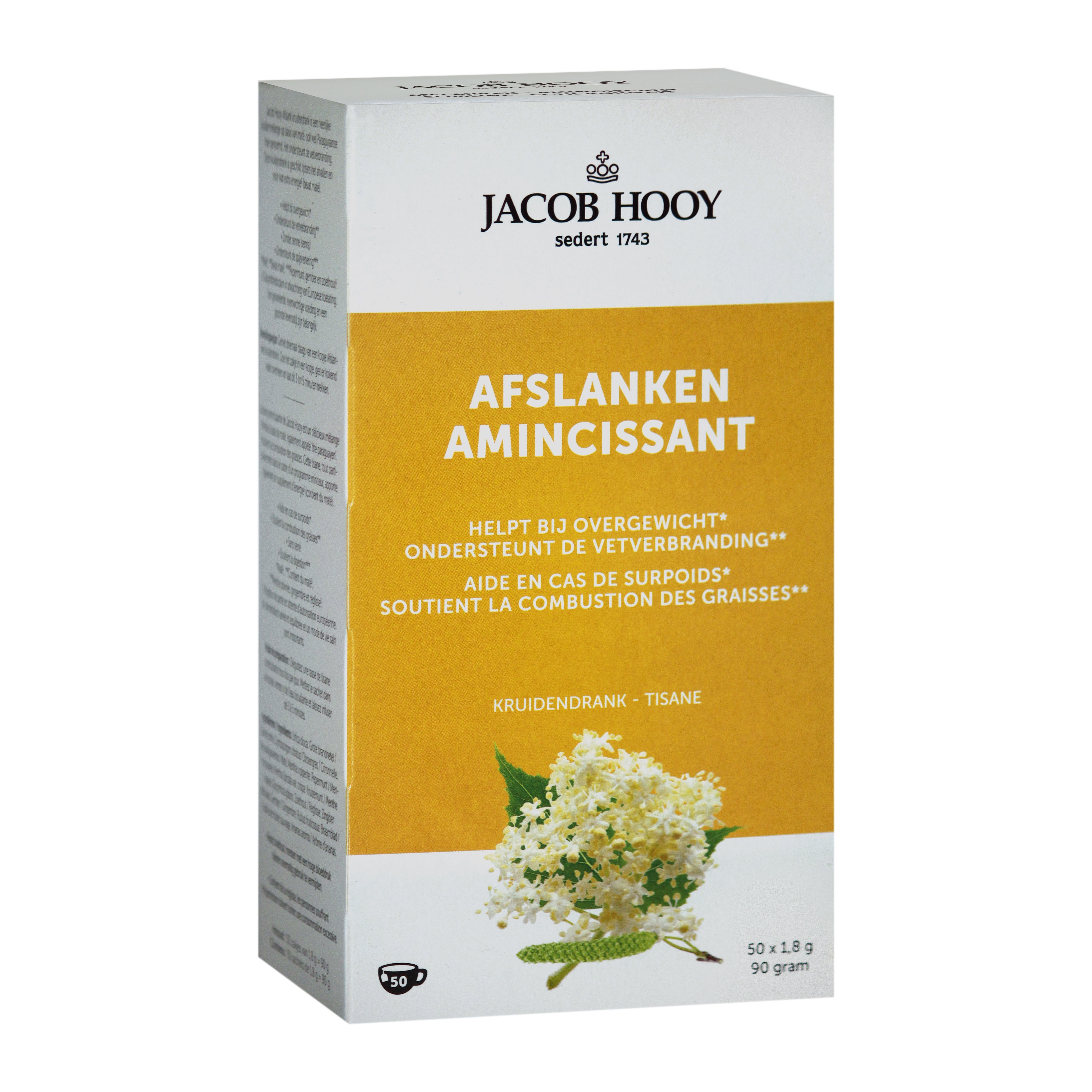 Jacob Hooy Ideaal gewicht afslank kruidendrank thee zakjes, 50-pack, with herbal tea bags visible in the package.