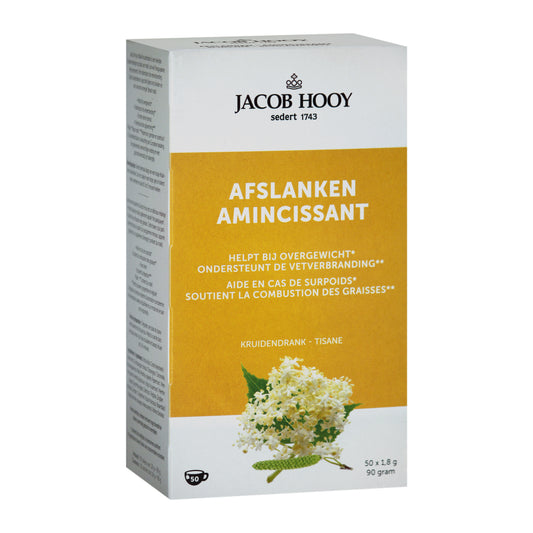 Jacob Hooy Ideaal gewicht afslank kruidendrank thee zakjes, 50-pack, with herbal tea bags visible in the package.