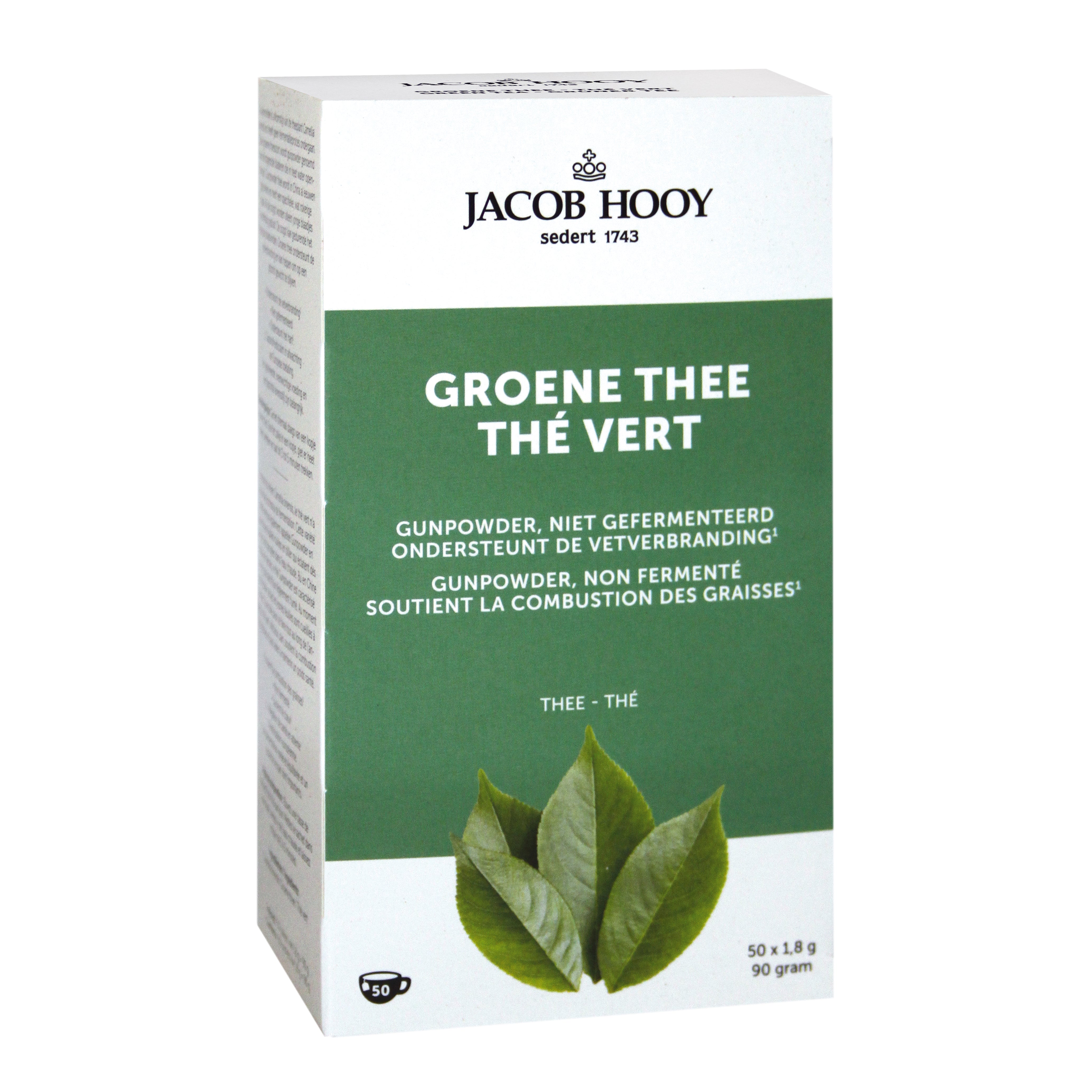 Jacob Hooy green tea tea bags, 50-count, in a package of coffee and tea products, with green tea leaves visible in the image.