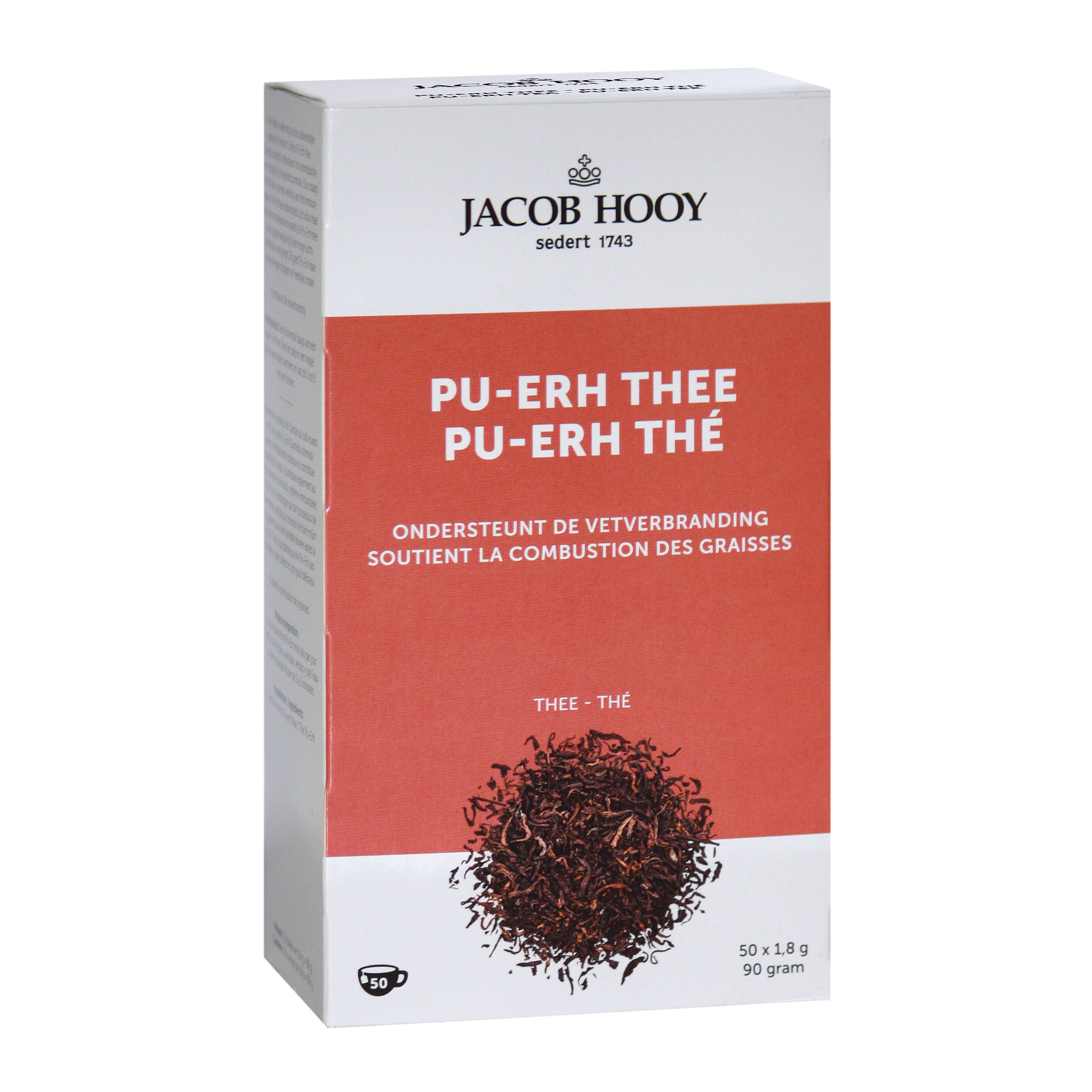 Jacob Hooy Pu erh tea bags, 50-count, in a box of coffee and tea products, featuring individual tea bag packaging.