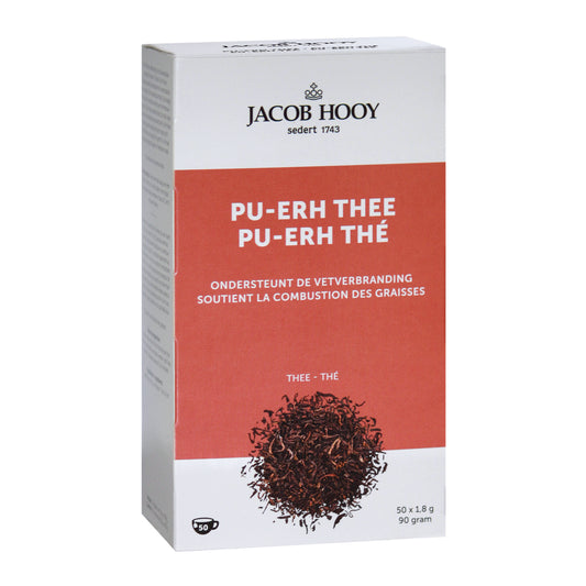 Jacob Hooy Pu erh tea bags, 50-count, in a box of coffee and tea products, featuring individual tea bag packaging.