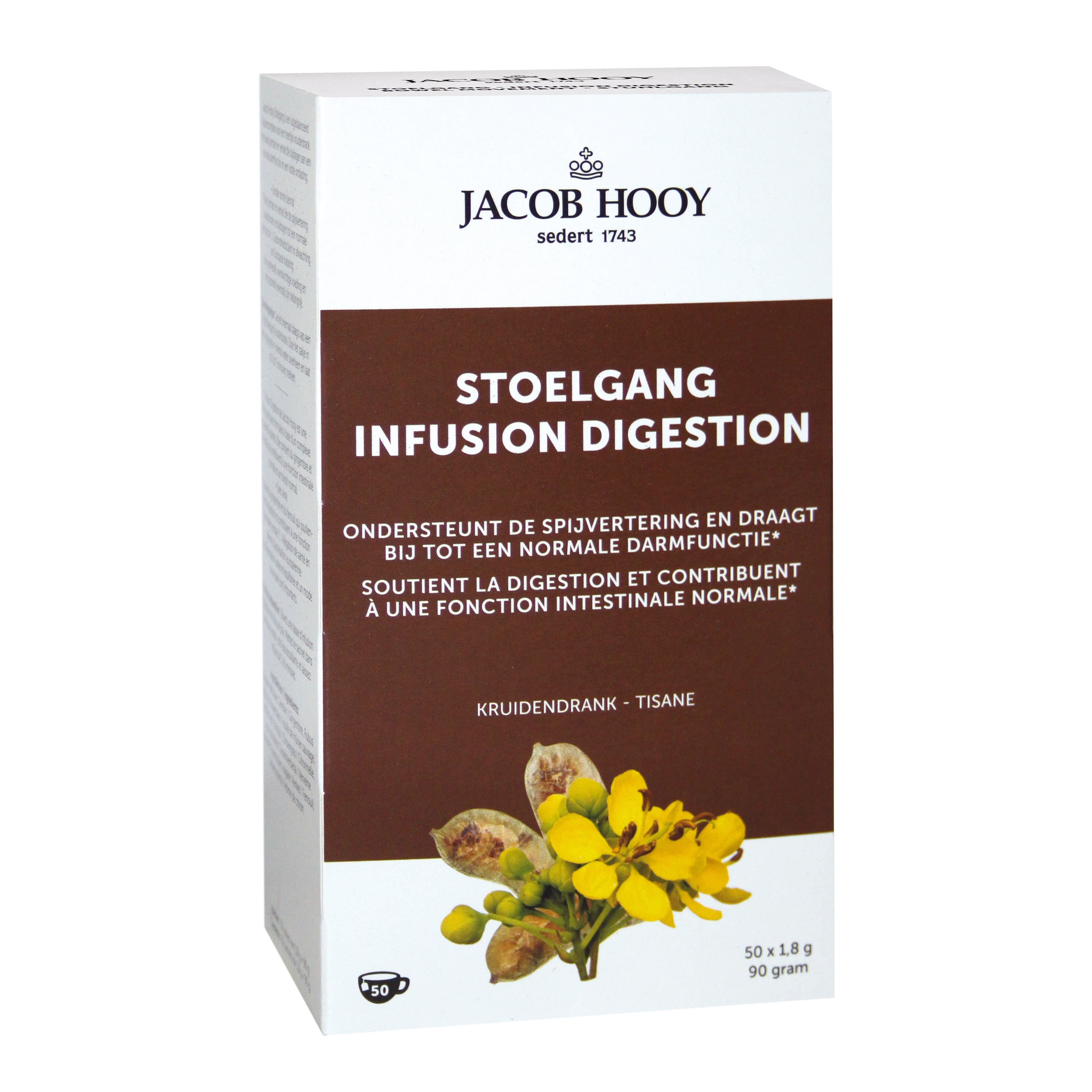 Jacob Hooy natural stool-relief tea bags, 50-count, herbal tea for digestive support, in a clear tea bag with dried herbs.