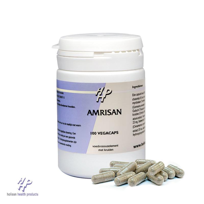 Holisan Amrisan 100 vegetariсhe capsules in a container, herbal supplement for wellness, natural herb-based dietary product.