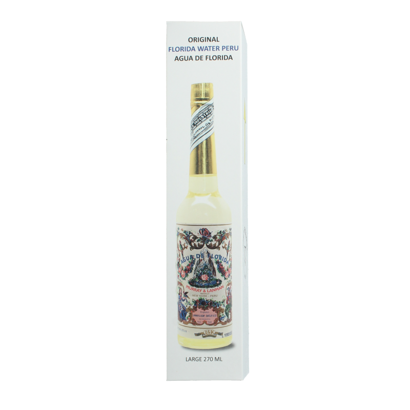 Lanman & Kemp Florida Water bottle, 270ml, featuring a decorative label and transparent glass container for spiritual use.