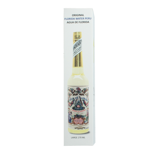 Lanman & Kemp Florida Water bottle, 270ml, featuring a decorative label and transparent glass container for spiritual use.
