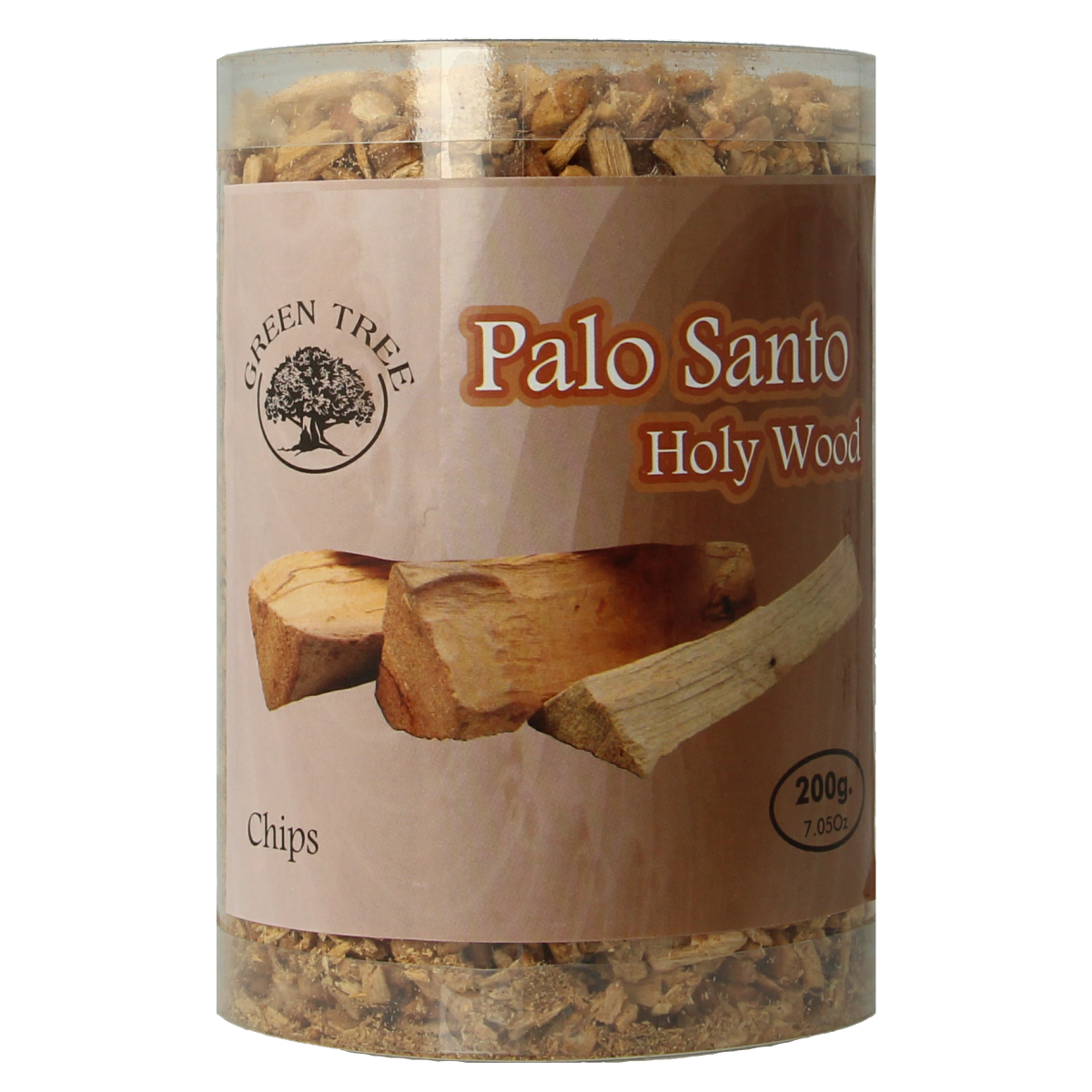 Green Tree Palo Santa chips in a 200g koker, traditional Huisparfum with fresh herbal scent, displayed in a clear container.