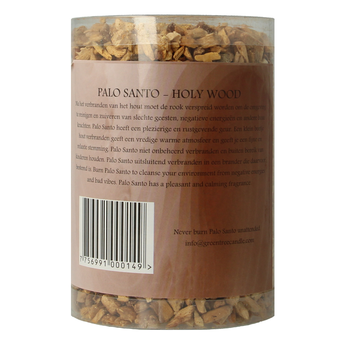 Green Tree Palo Santa chips in a 200g koker, Huisparfum air freshener with fresh pine scent and natural green packaging.