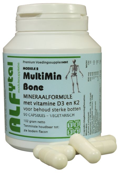 Alfytal MultiMin mineral supplement capsules with vitamin D3 and K2, vegetarian formula in a bottle of 90 capsules.