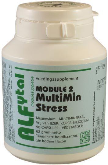 Alfytal MultiMin stress magnesium mineral supplement in 90 vegetarian capsules, showing the bottle and capsules on a white background.